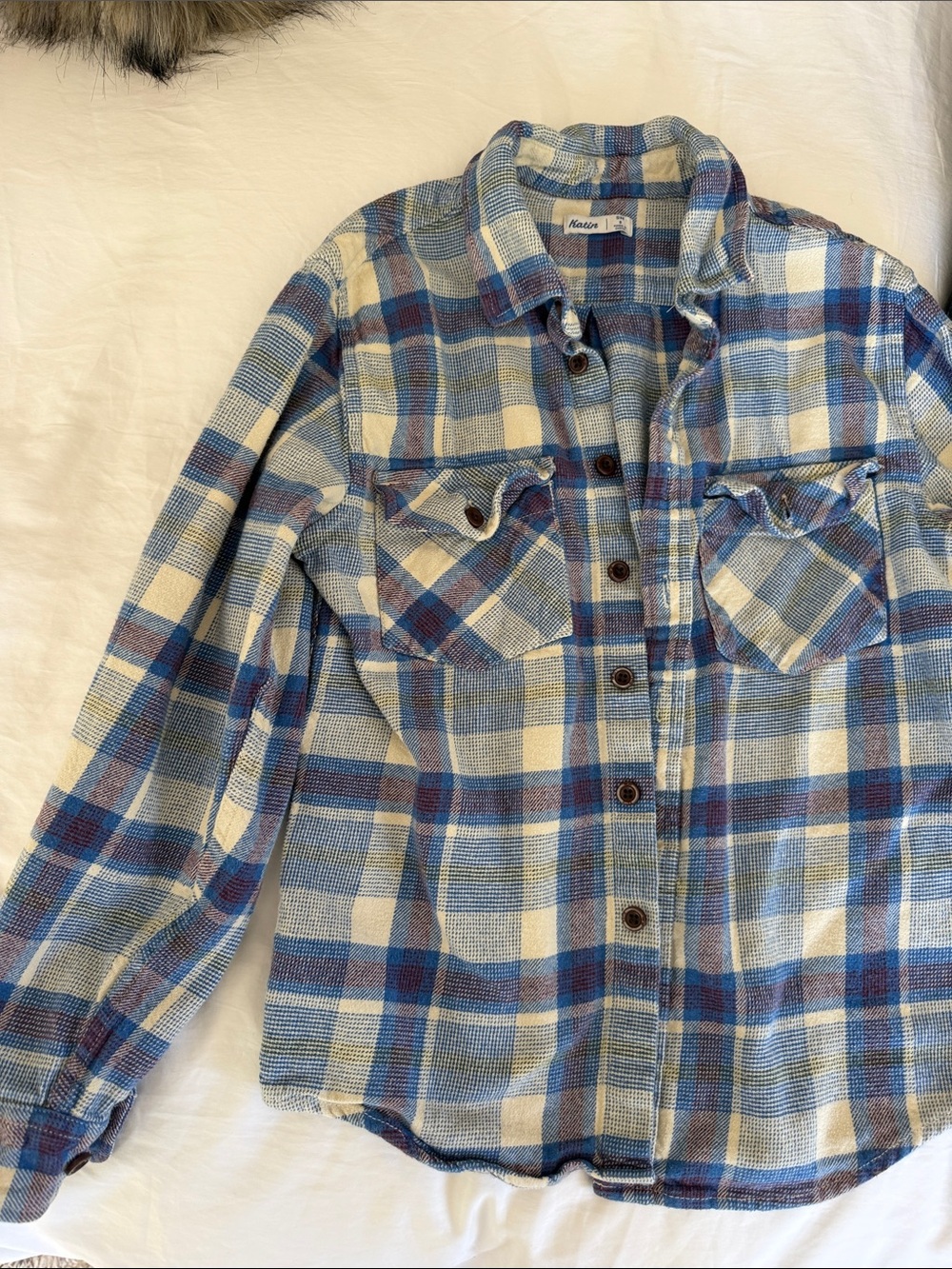 Plaid Shirt in Blue, Cream and Brown Accents